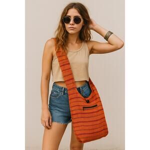 Snowlion Tibetan Shoulder Sling Bag Orange Woven Striped Woodstock Festival 70s